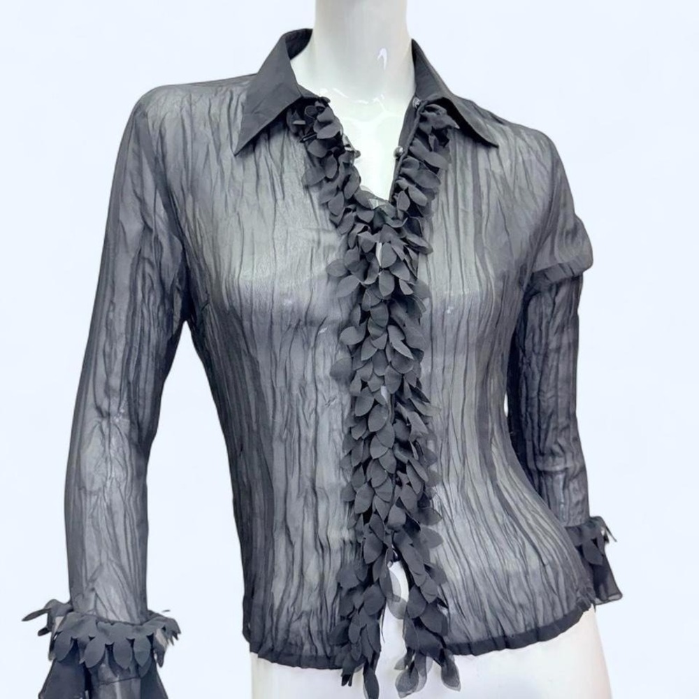 Y2K Romantic Goth Chiffon Blouse Fairy Grunge Mesh Top Womens M ruffles - Picture 3 of 8